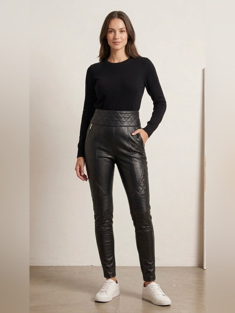 Manière de Voir Black Quilted Vegan Leather Leggings/ Pants Sz 4